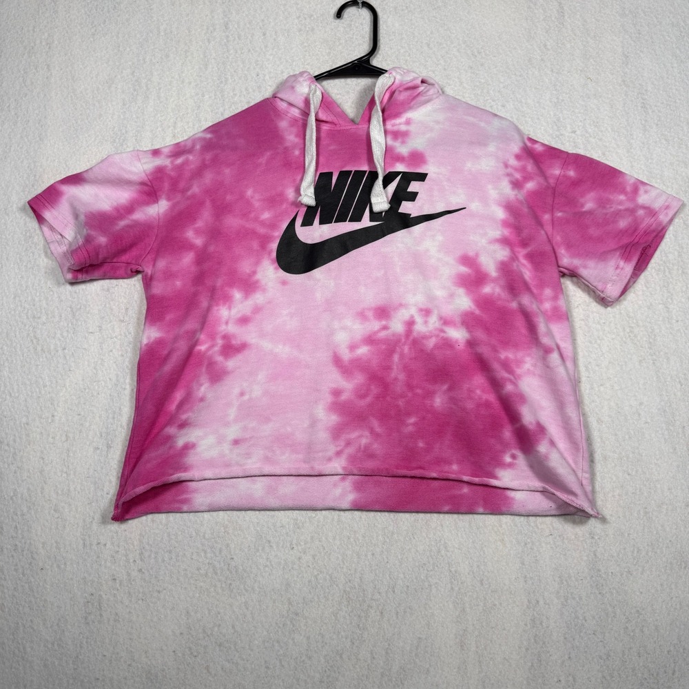 Nike Womens Tie Dye Short Sleeve Hoodie Pink White Cropped Raw Hem Large
